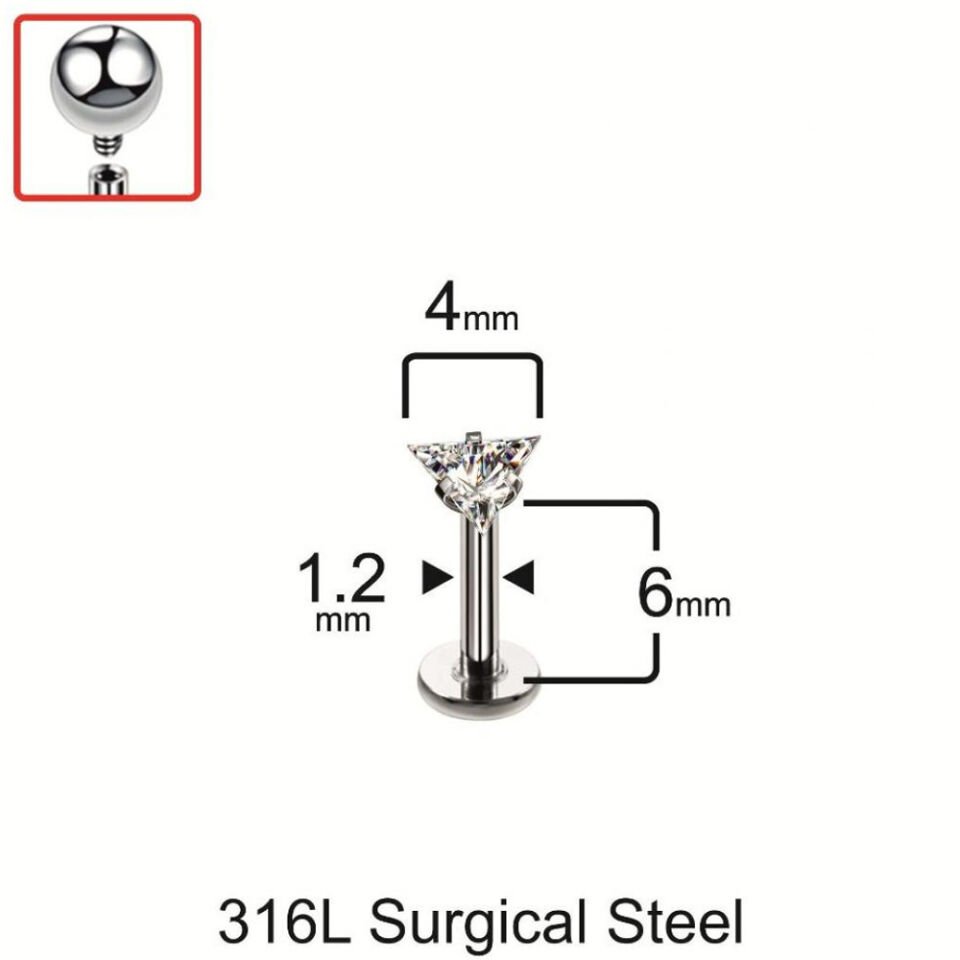 Üçgen tasarım tragus helix kıkırdak piercing bar ve 4 mm taş ölçü detayları