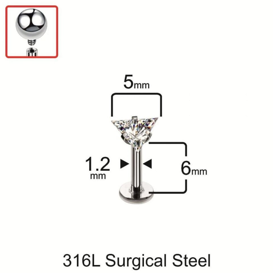 Üçgen tasarım tragus helix kıkırdak piercing bar ve 5 mm taş ölçü detayları