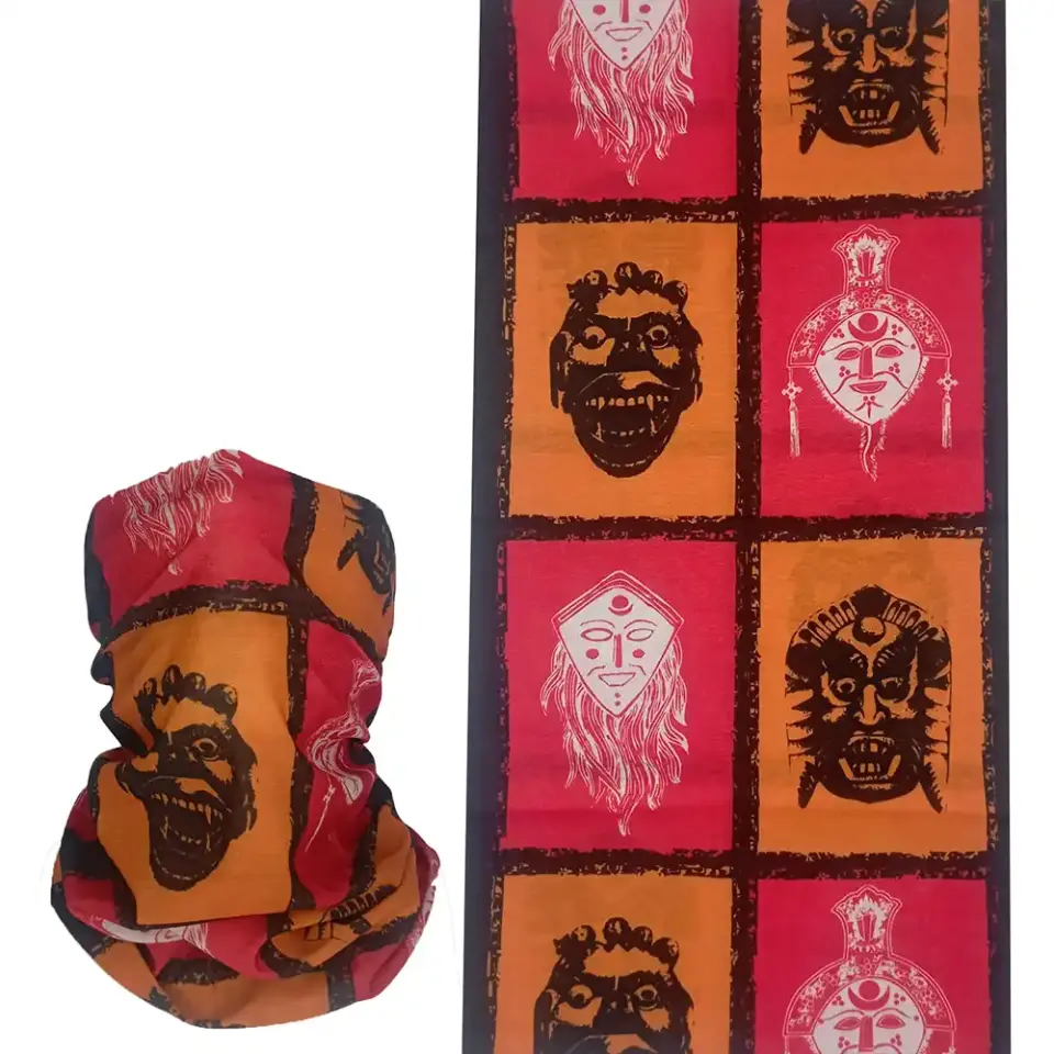 Etnik maske desenli, saça ve boyuna bağlanabilen çok amaçlı buff boru bandana saç bandı.