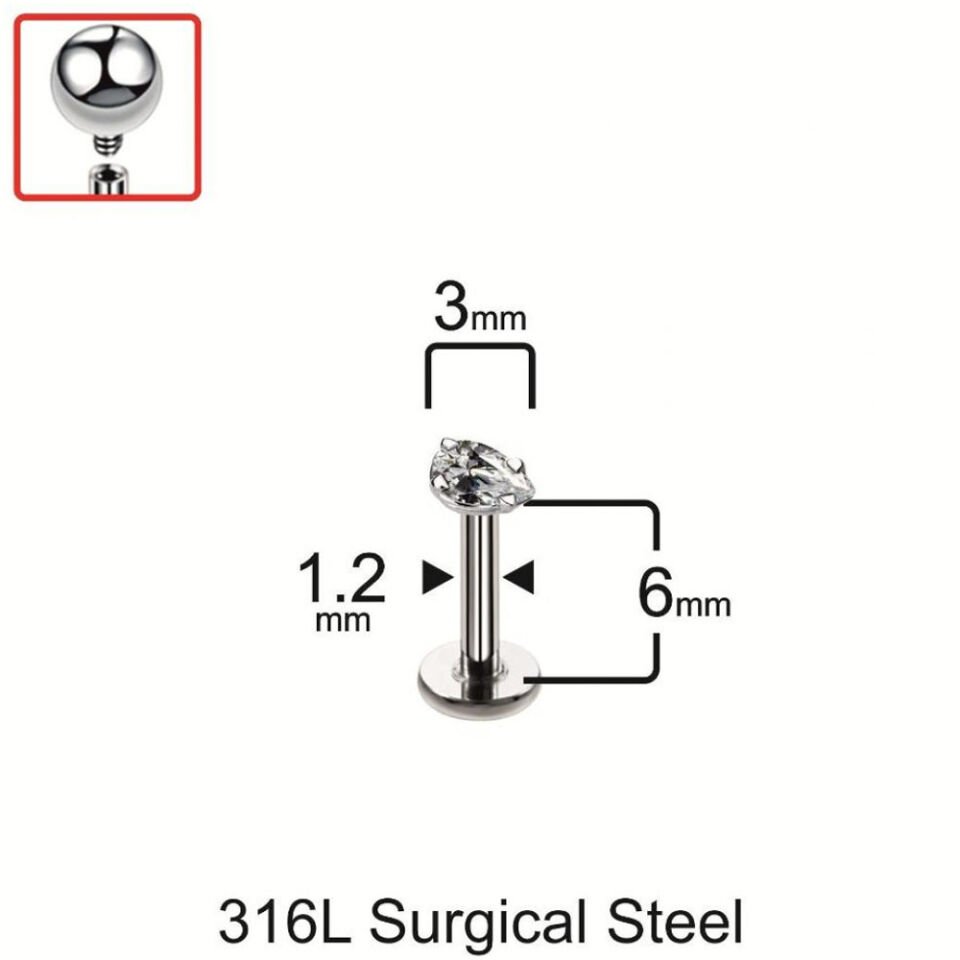 3 mm Damla tasarım tragus helix kıkırdak piercing mm bazlı ölçü ve uzunluk tablosu