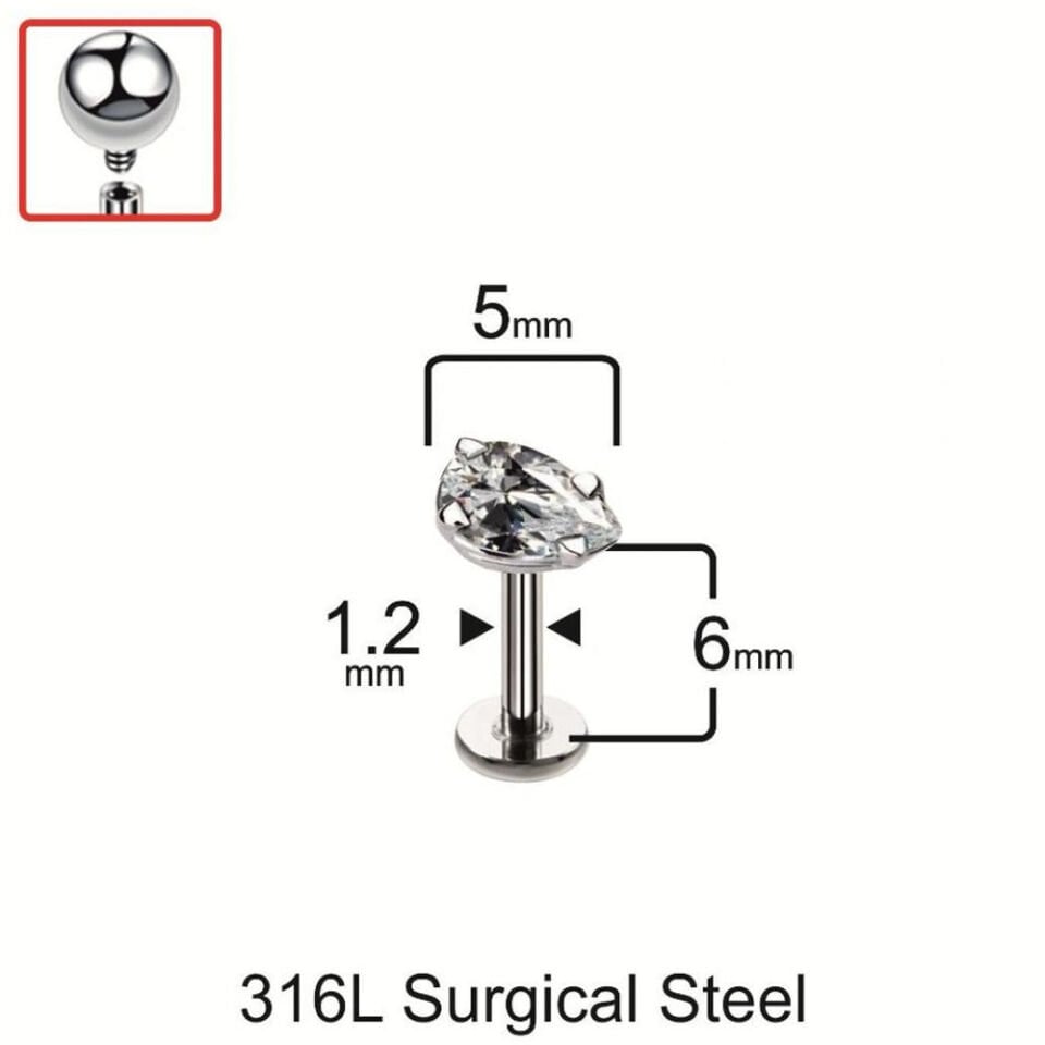 5 mm Damla tasarım tragus helix kıkırdak piercing mm bazlı ölçü ve uzunluk tablosu