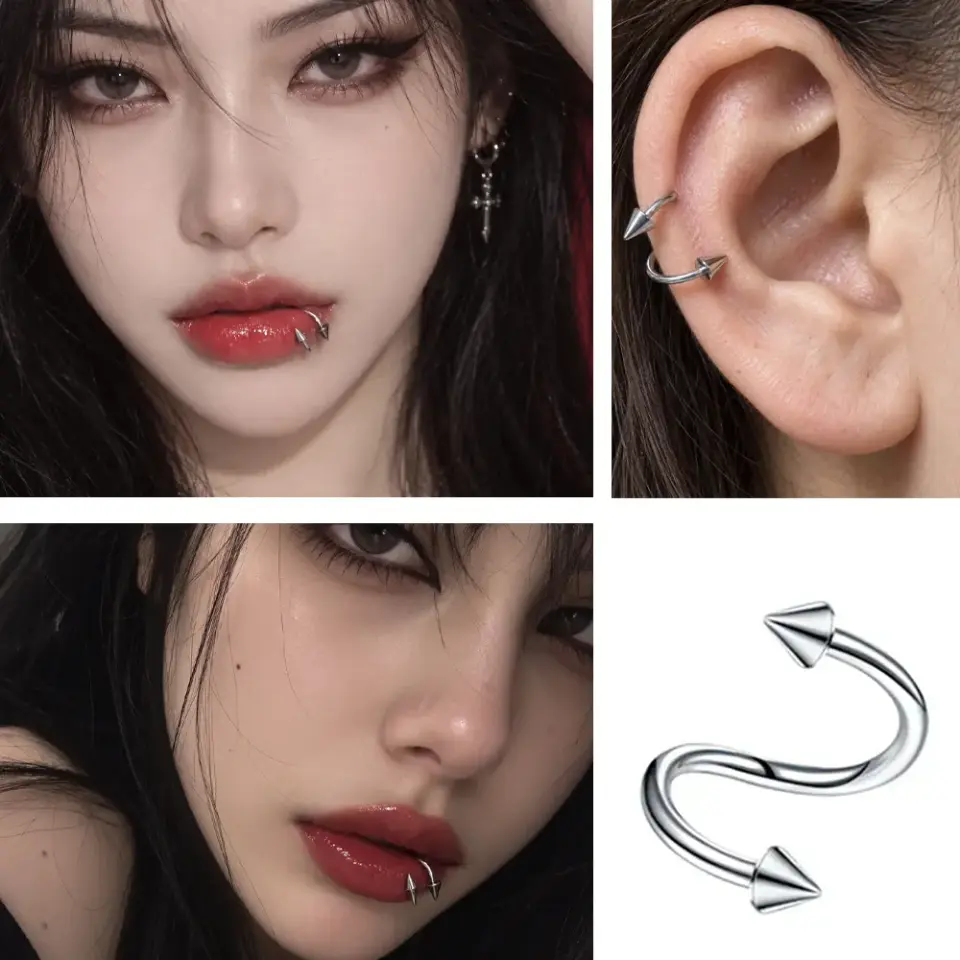 Dudak ve tragus bölgesinde sergilenen gümüş kararmayan spike spiral dudak kıkırdak halka piercing