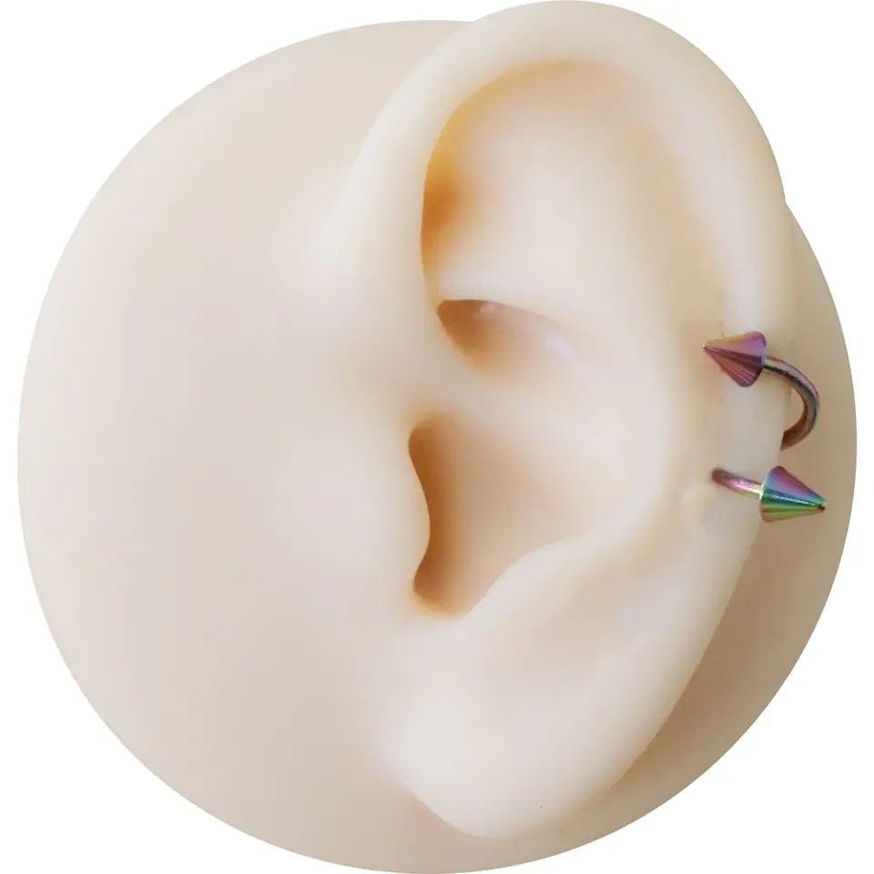 Dudak ve tragus bölgesinde sergilenen gökkuşağı kararmayan spike spiral dudak kıkırdak halka piercing