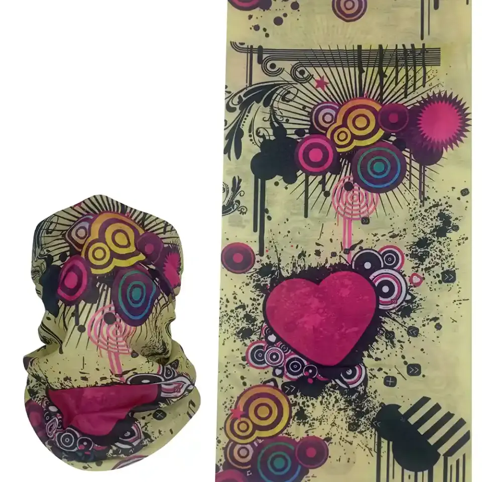 Retro kalp desenli, saça ve boyuna bağlanabilen çok amaçlı buff boru bandana saç bandı.