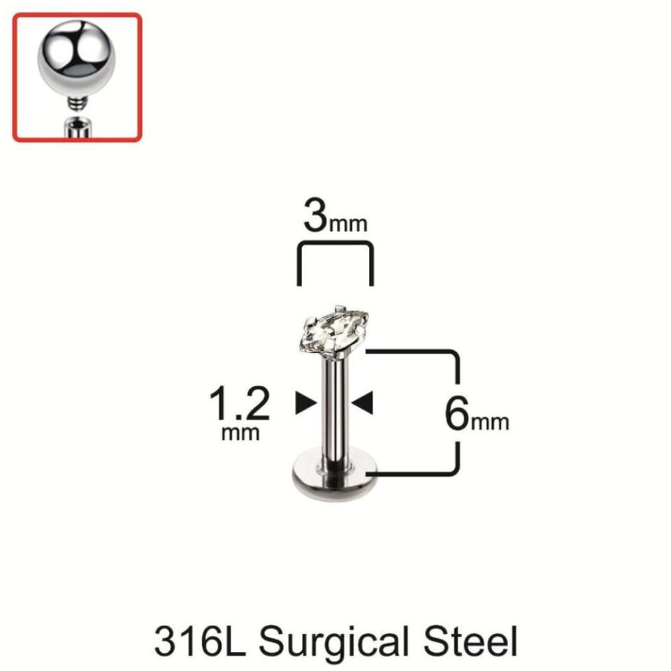 Tragus helix kıkırdak piercing için 3 mm markiz taş ölçüleri ve teknik detaylar