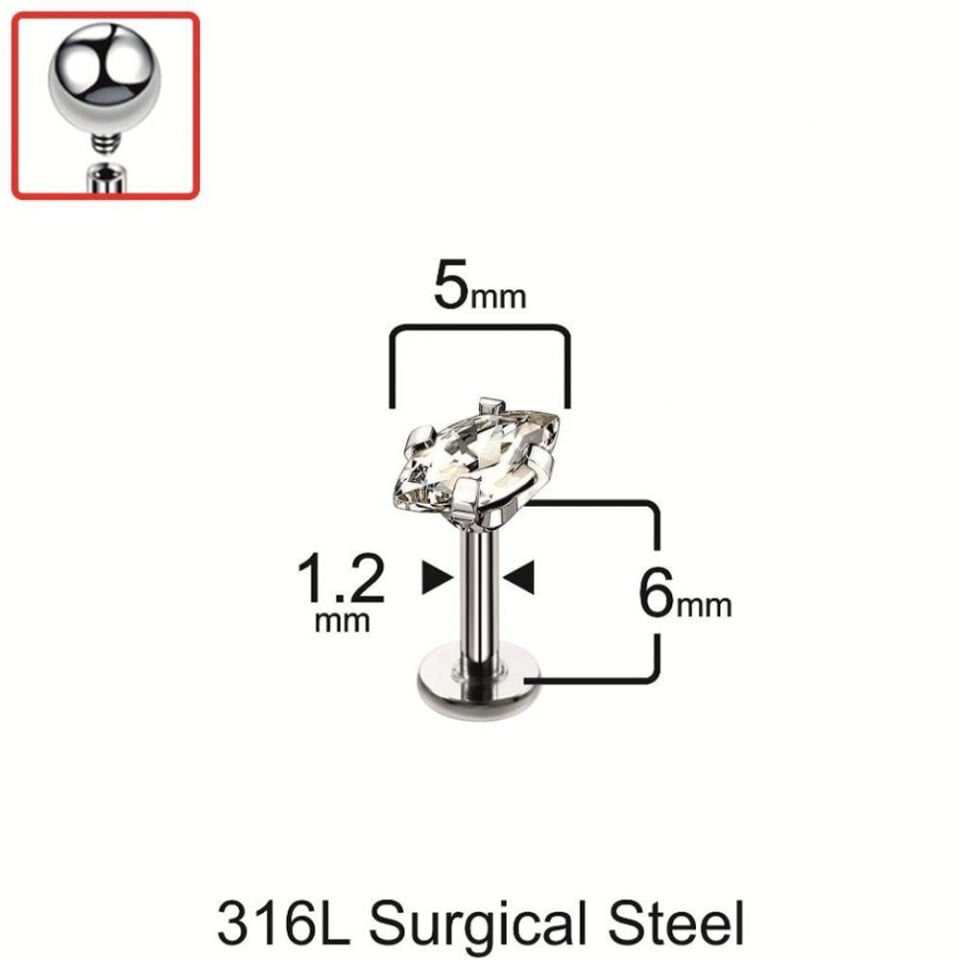 Tragus helix kıkırdak piercing için 5 mm markiz taş ölçüleri ve teknik detaylar