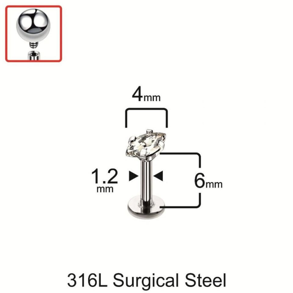 Zirkon Taşlı Markiz Kesim Tragus Helix Kıkırdak Piercing 4mm