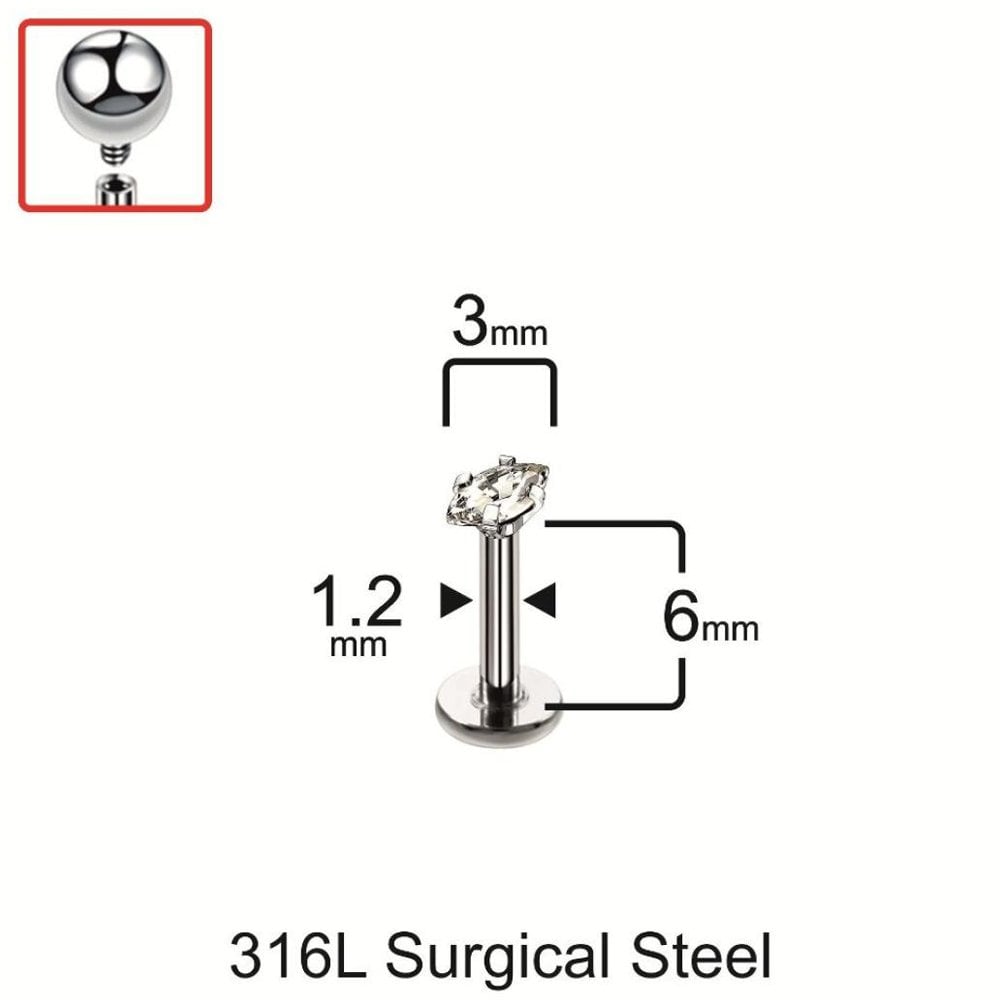 Zirkon Taşlı Markiz Kesim Tragus Helix Kıkırdak Piercing 3mm