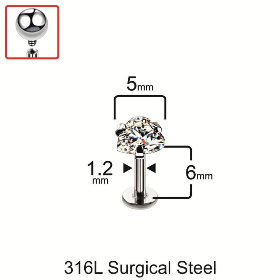 5 mm Kalp tasarım tragus helix kıkırdak piercing için milimetrik bar ve taş ölçü şeması