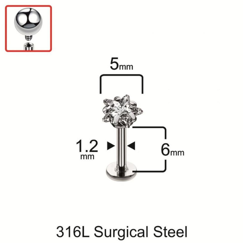 5 mm Yıldız model tragus helix kıkırdak piercing teknik bar ve taş ebatları
