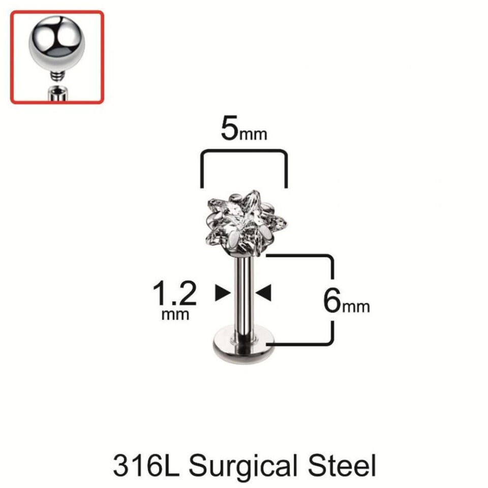5 mm Yıldız model tragus helix kıkırdak piercing teknik bar ve taş ebatları