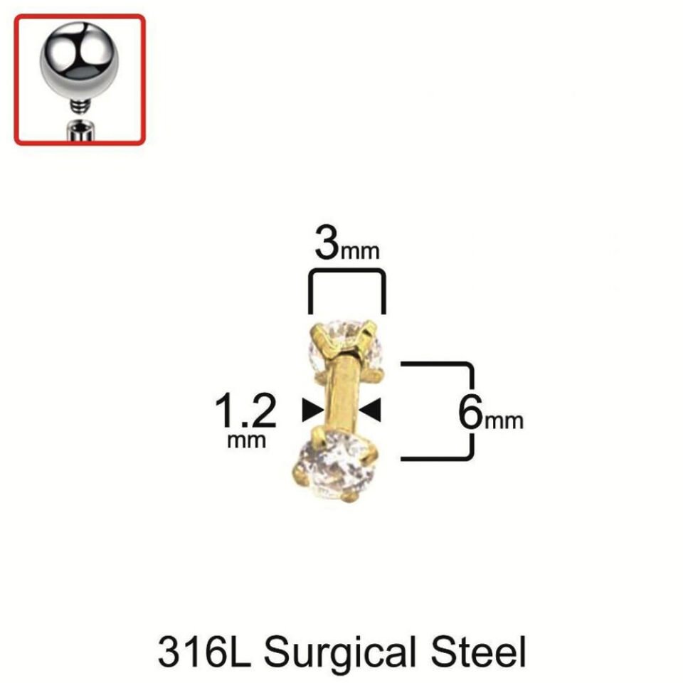 Çift taşlı tragus helix kıkırdak piercing teknik bar ve 5 mm taş ölçü şeması