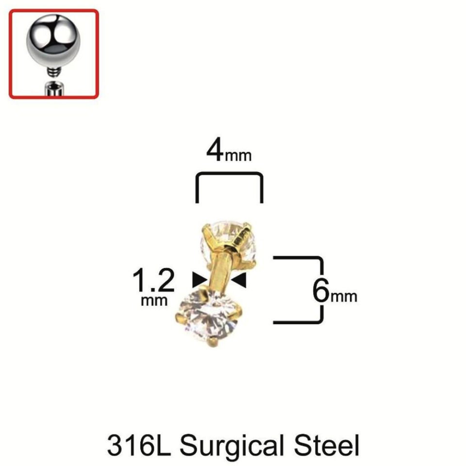 Çift taşlı tragus helix kıkırdak piercing teknik bar ve 4 mm taş ölçü şeması