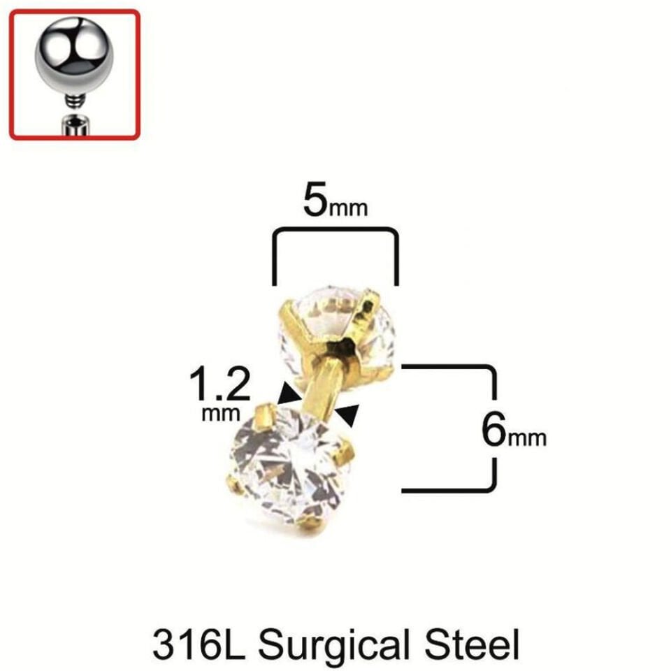 Çift taşlı tragus helix kıkırdak piercing teknik bar ve 5 mm taş ölçü şeması