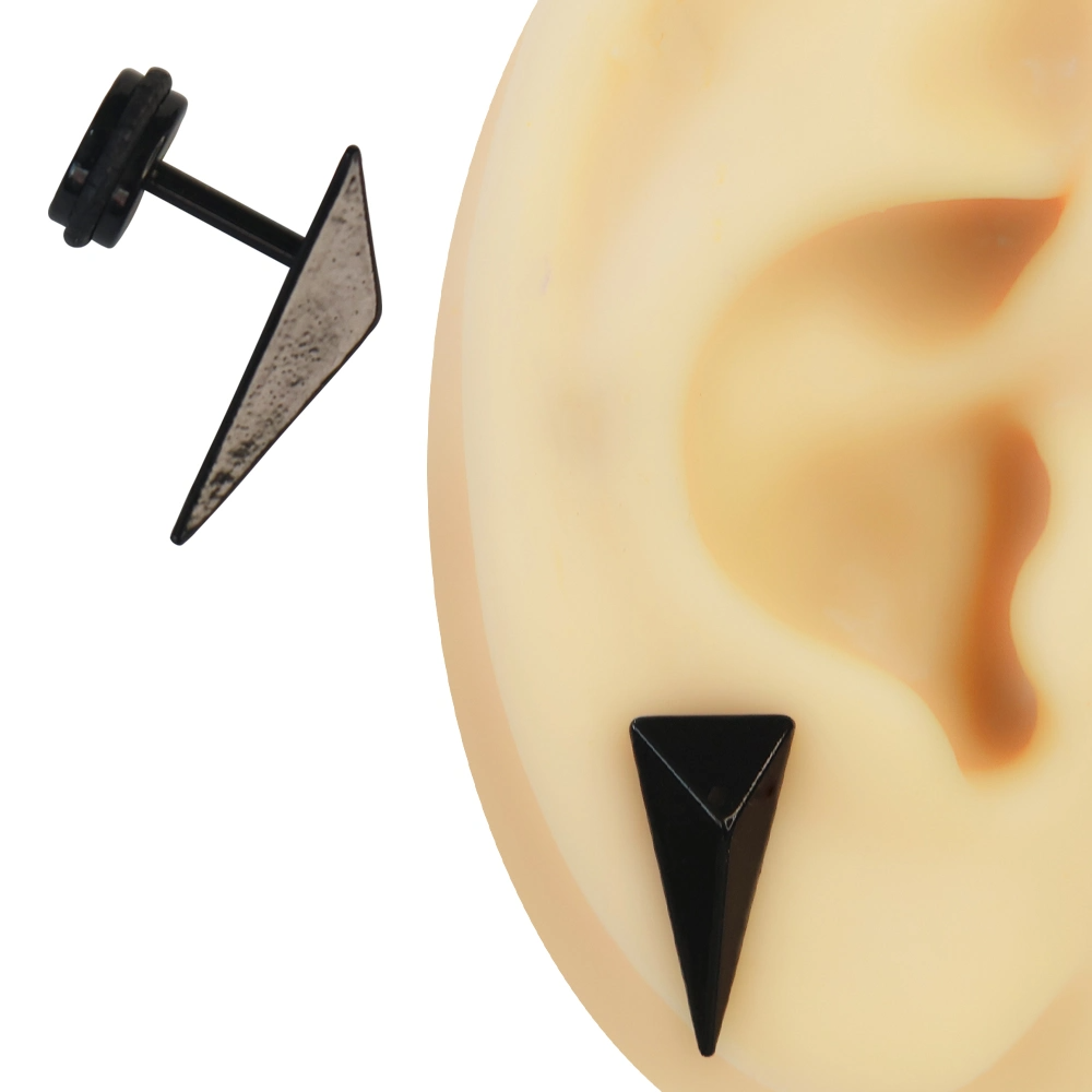 Siyah renkli cerrahi çelik malzemeden üretilmiş uzun ve sivri geometrik spike tasarımlı flatback piercing model