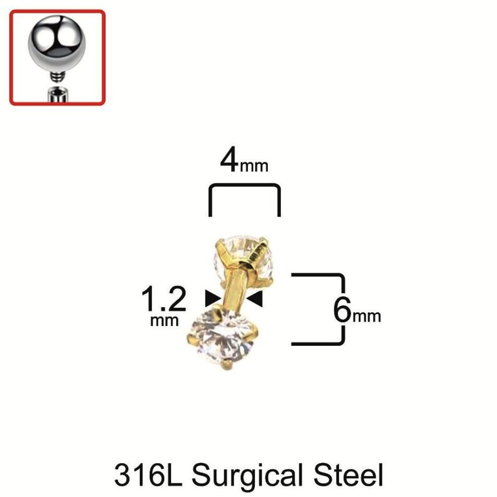 Altın Rengi Zirkon Taşlı Çift Taraflı Tasarım Helix Kıkırdak Piercing 4mm
