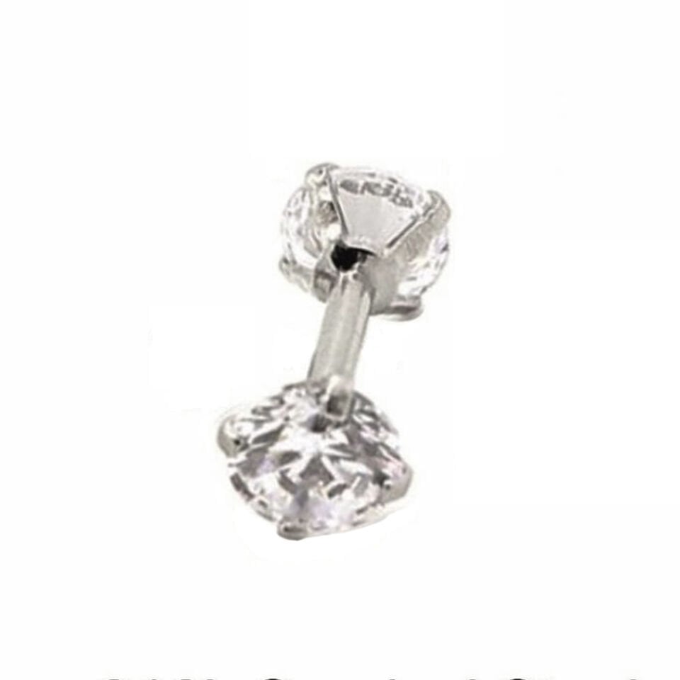 Gümüş rengi cerrahi çelik çift taraflı zirkon taşlı tragus helix kıkırdak piercing