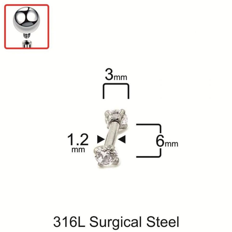 Çift 3mm taşlı gümüş piercing tragus helix kıkırdak bölgeleri için ölçü rehberi