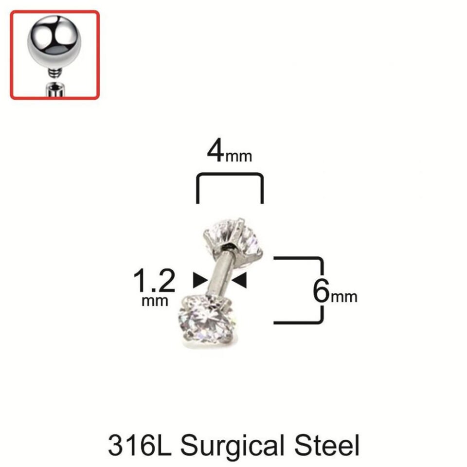 Çift 4 mm taşlı gümüş piercing tragus helix kıkırdak bölgeleri için ölçü rehberi