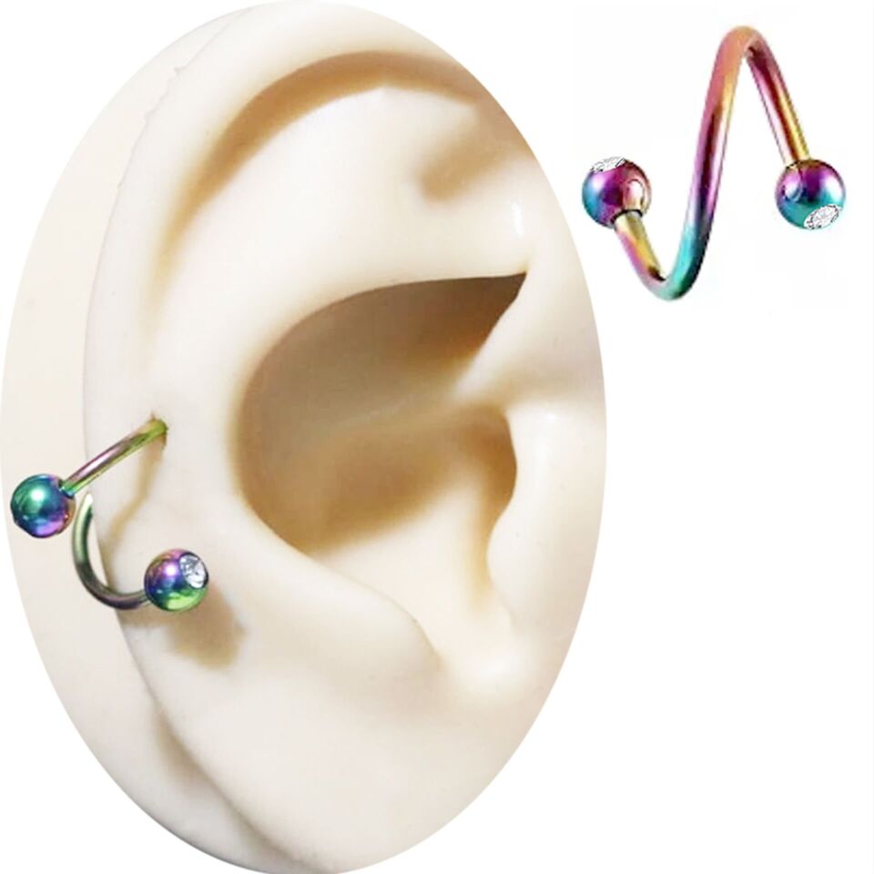 Gökkuşağı Çelik Taşlı Spiral Halka Piercing, Tragus-Lobe-Helix-Dudak-Auricle-Kıkırdak