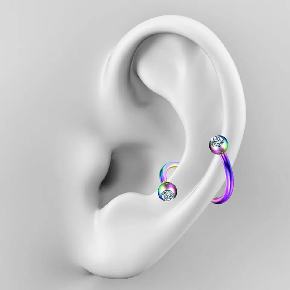 Gökkuşağı renkli taşlı spiral tasarımı 316L cerrahi çelik spiral dudak kıkırdak halka piercing