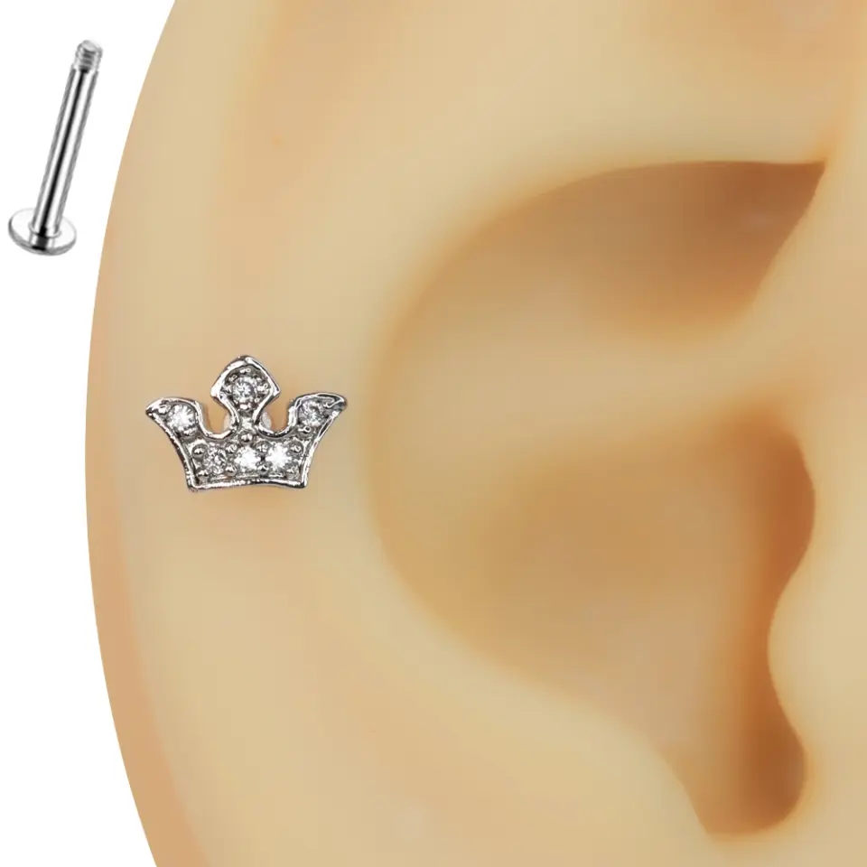 Kulak üzerinde duran şık kraliçe tacı figürlü zirkon taşlı tragus helix kıkırdak piercing