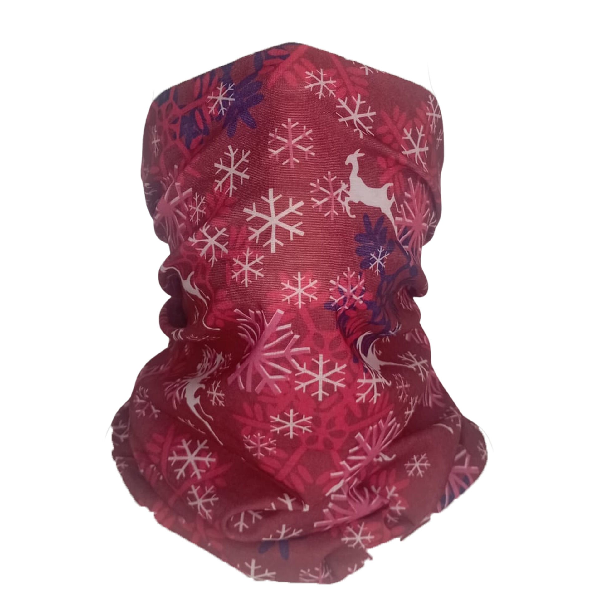 Kırmızı Kar Tanesi ve Geyik Desenli Buff – Kış Temalı Boru Bandana
