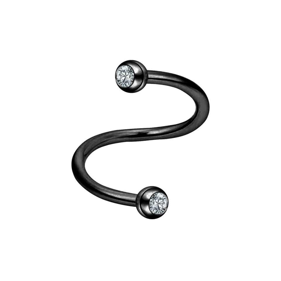 Siyah Çelik Taşlı Spiral Halka Piercing, Tragus-Lobe-Helix-Dudak-Auricle-Kıkırdak