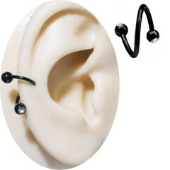 Siyah Çelik Taşlı Spiral Halka Piercing, Tragus-Lobe-Helix-Dudak-Auricle-Kıkırdak