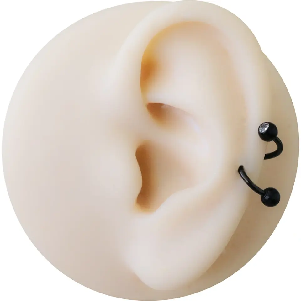 Dudak ve tragus bölgesinde sergilenen siyah kararmayan taşlı spiral dudak kıkırdak halka piercing