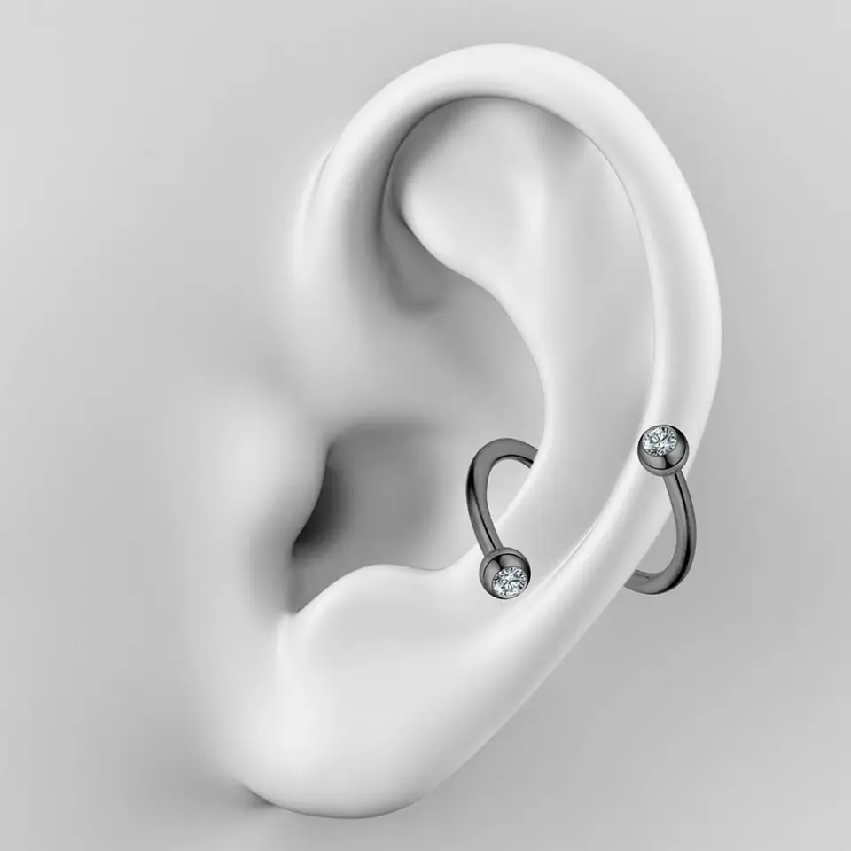 Siyah renkli taşlı spiral tasarımı 316L cerrahi çelik spiral dudak kıkırdak halka piercing