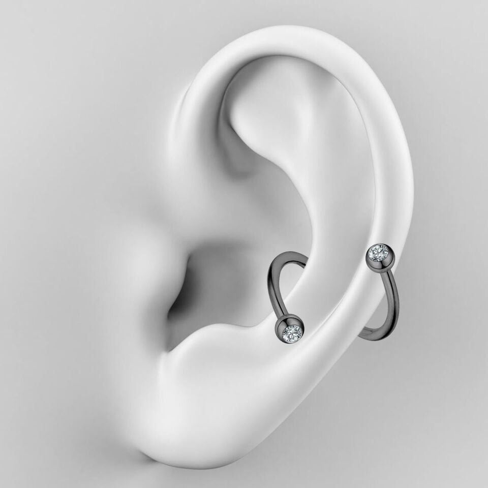 Siyah Çelik Taşlı Spiral Halka Piercing, Tragus-Lobe-Helix-Dudak-Auricle-Kıkırdak