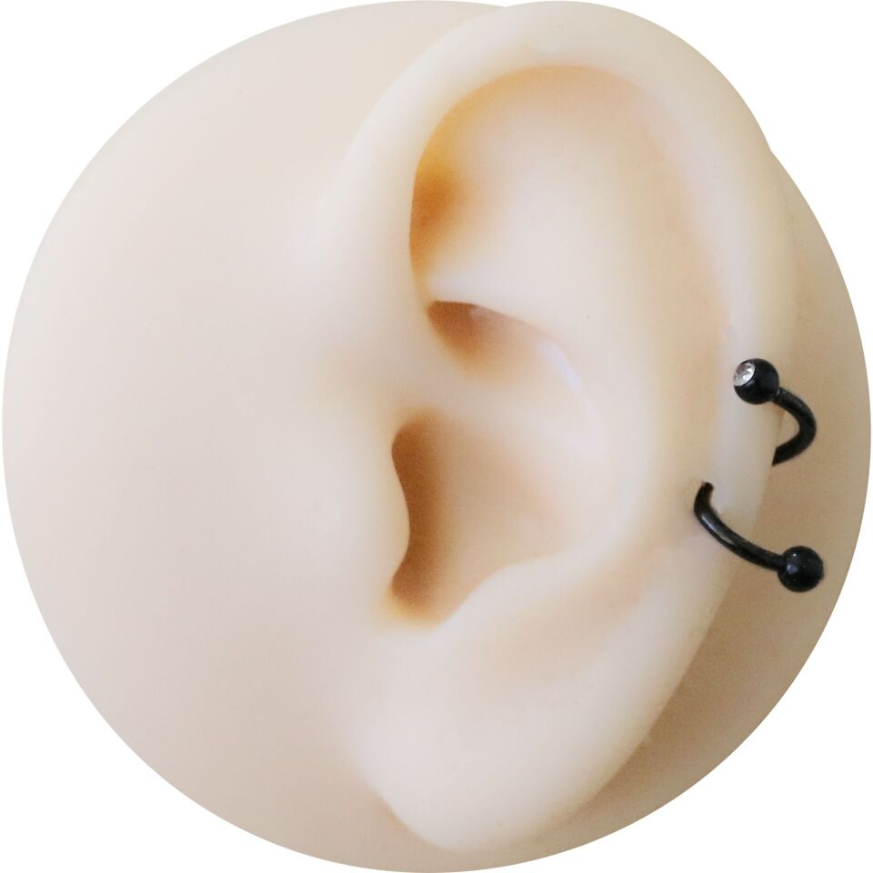 Siyah Çelik Taşlı Spiral Halka Piercing, Tragus-Lobe-Helix-Dudak-Auricle-Kıkırdak