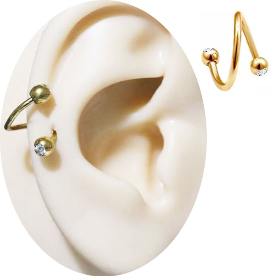 Gold Çelik Taşlı Spiral Halka Piercing, Tragus-Lobe-Helix-Dudak-Auricle-Kıkırdak