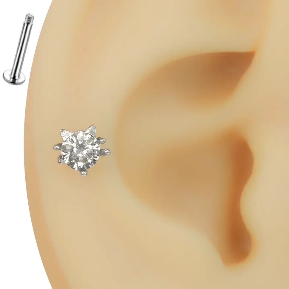 Kulak kıkırdağında sergilenen arkası düz flatback kedi figürlü zirkon taşlı tragus helix kıkırdak piercing