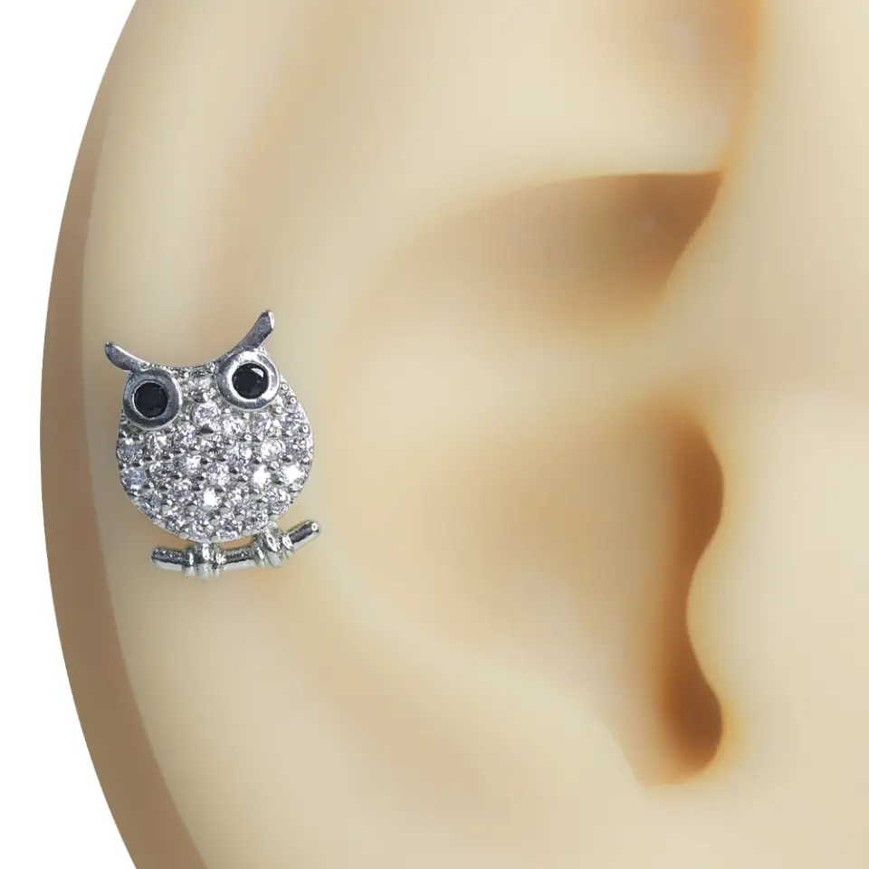 Kulak kıkırdak bölgesinde sergilenen zirkon taşlı gümüş renkli baykuş tragus helix kıkırdak piercing