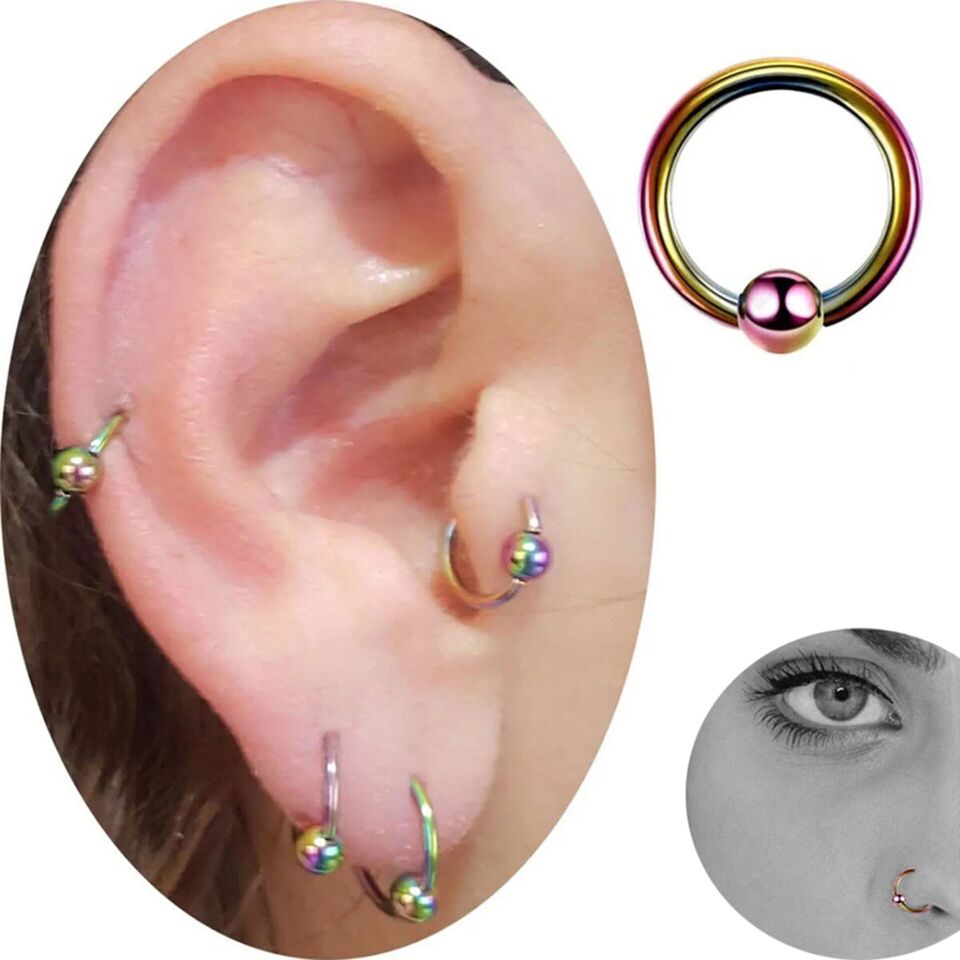 Gökkuşağı Çelik Toplu Halka Piercing, Tragus-Smiley-Helix-Dudak-Auricle-Kıkırdak