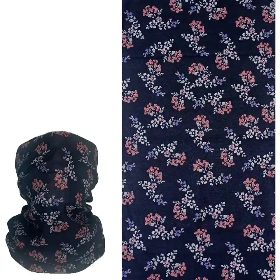 Lacivert Çiçek Desenli saça ve boyuna bağlanan buff Boru Bandana Saç Bandı