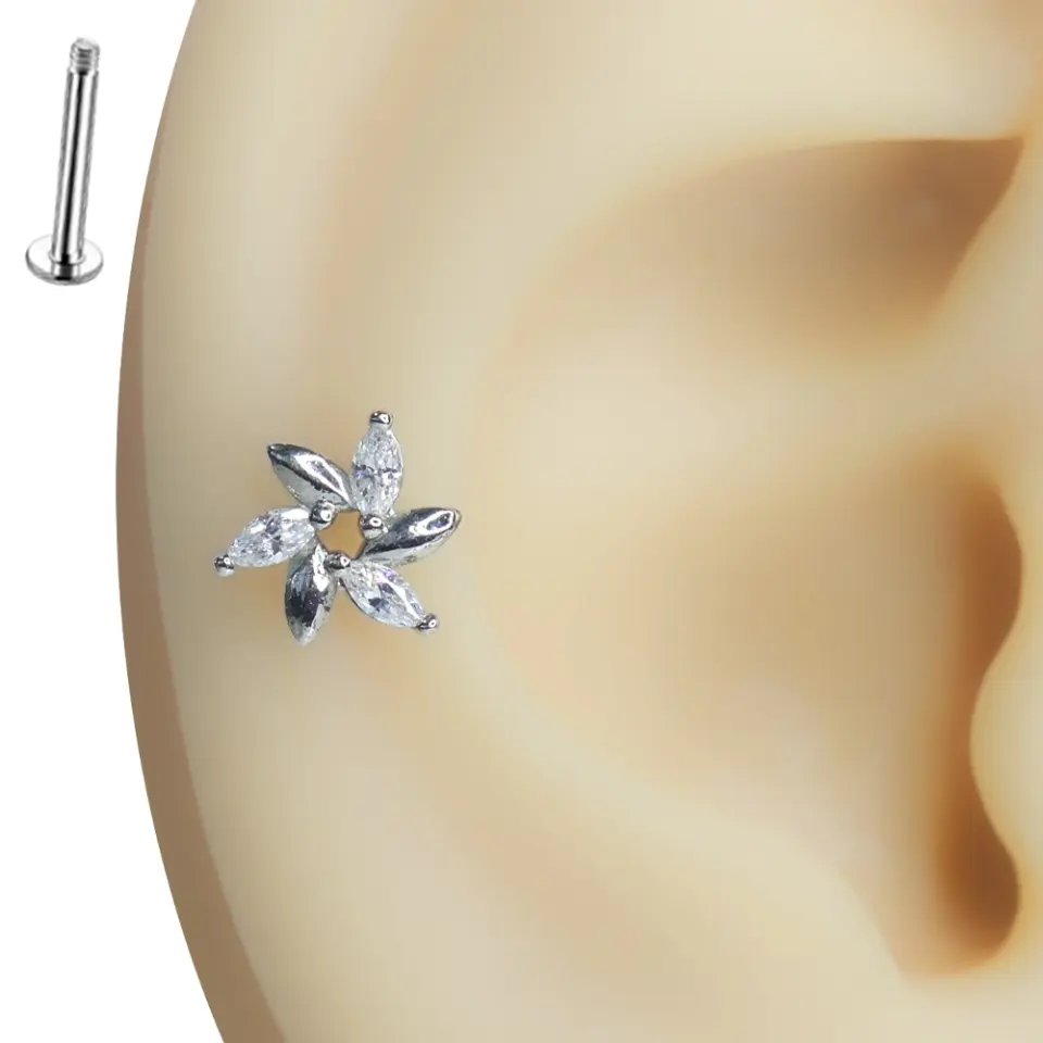 Zirkon Taşlı Çiçek Tasarım Tragus Helix Kıkırdak Piercing