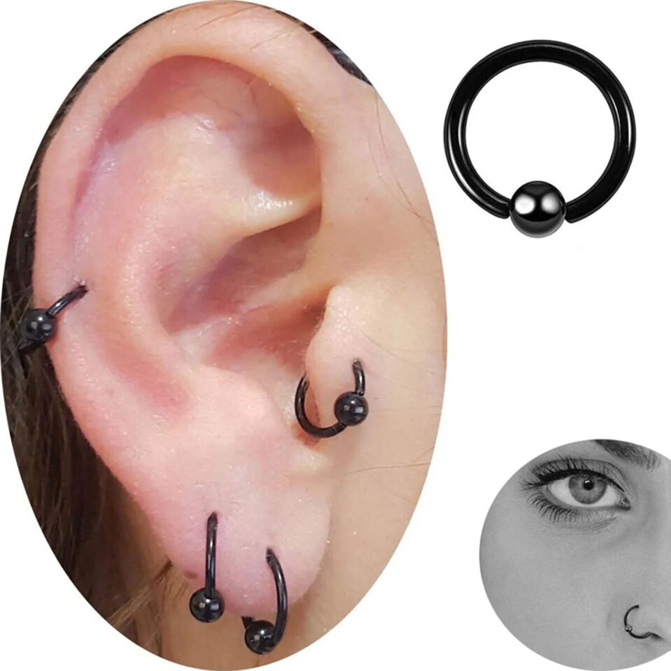 Siyah Çelik Toplu Halka Piercing, Tragus-Smiley-Helix-Dudak-Auricle-Kıkırdak