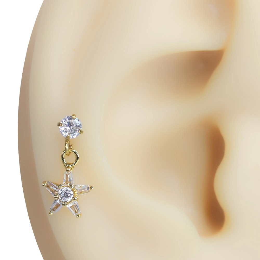Kulak üzerinde sallantılı zirkon taşlı yıldız çiçeği model altın rengi tragus helix kıkırdak piercing