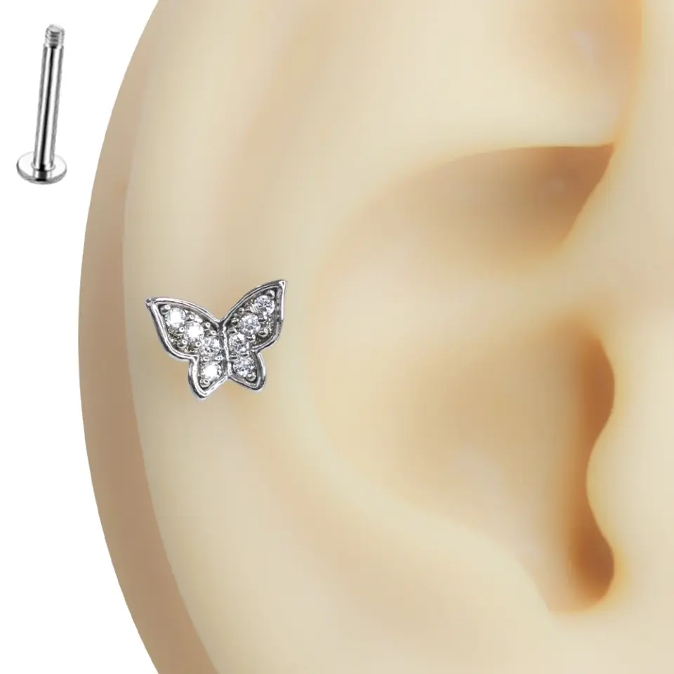 Arkası düz flatback yapılı gümüş renkli zirkon taşlı kelebek tragus helix kıkırdak piercing seçenekleri