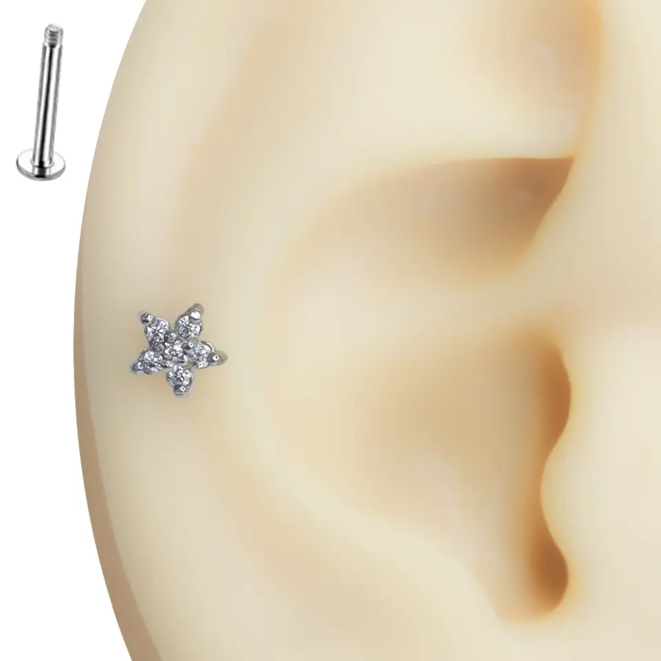 Gümüş renkli zirkon taşlı çiçek figürlü tragus helix kıkırdak piercing seçeneklerinin toplu görünümü