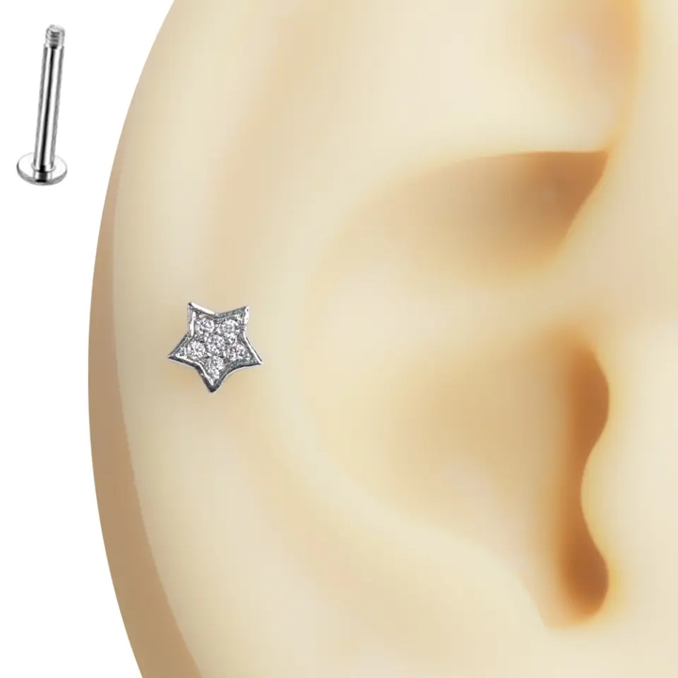 Gümüş renkli zirkon taşlı yıldız figürlü tragus helix kıkırdak piercing renk seçenekleri ve çeşitleri