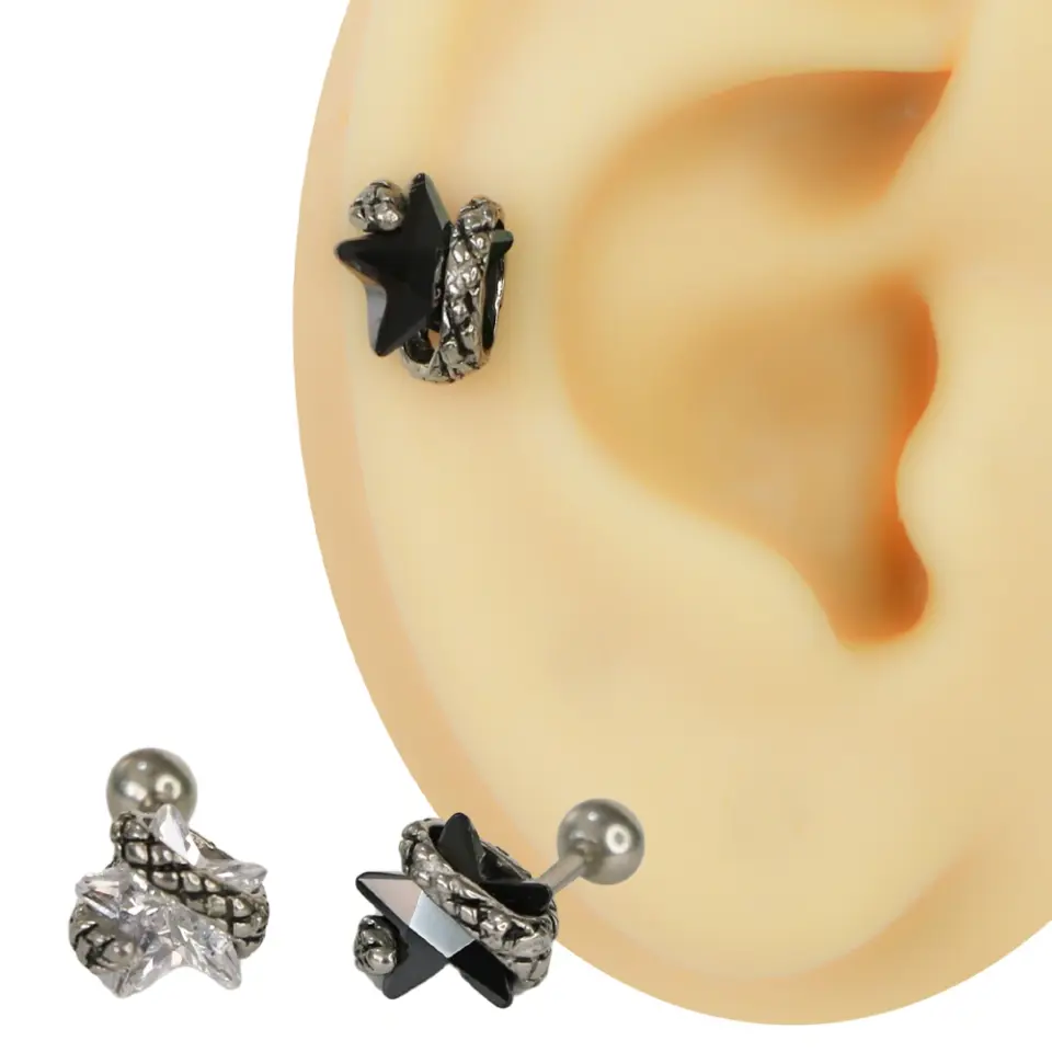 Yıldız etrafına dolanmış yılan figürlü siyah taşlı cerrahi çelik helix piercing