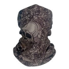 Kafatası ve Gül Desenli Buff – Siyah Beyaz Gotik Tarz Boyunluk
