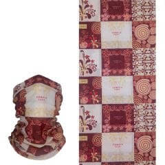 Retro Patchwork Desenli Buff – Bordo Krem Çiçek ve Spiral Tasarım – Boyunluk