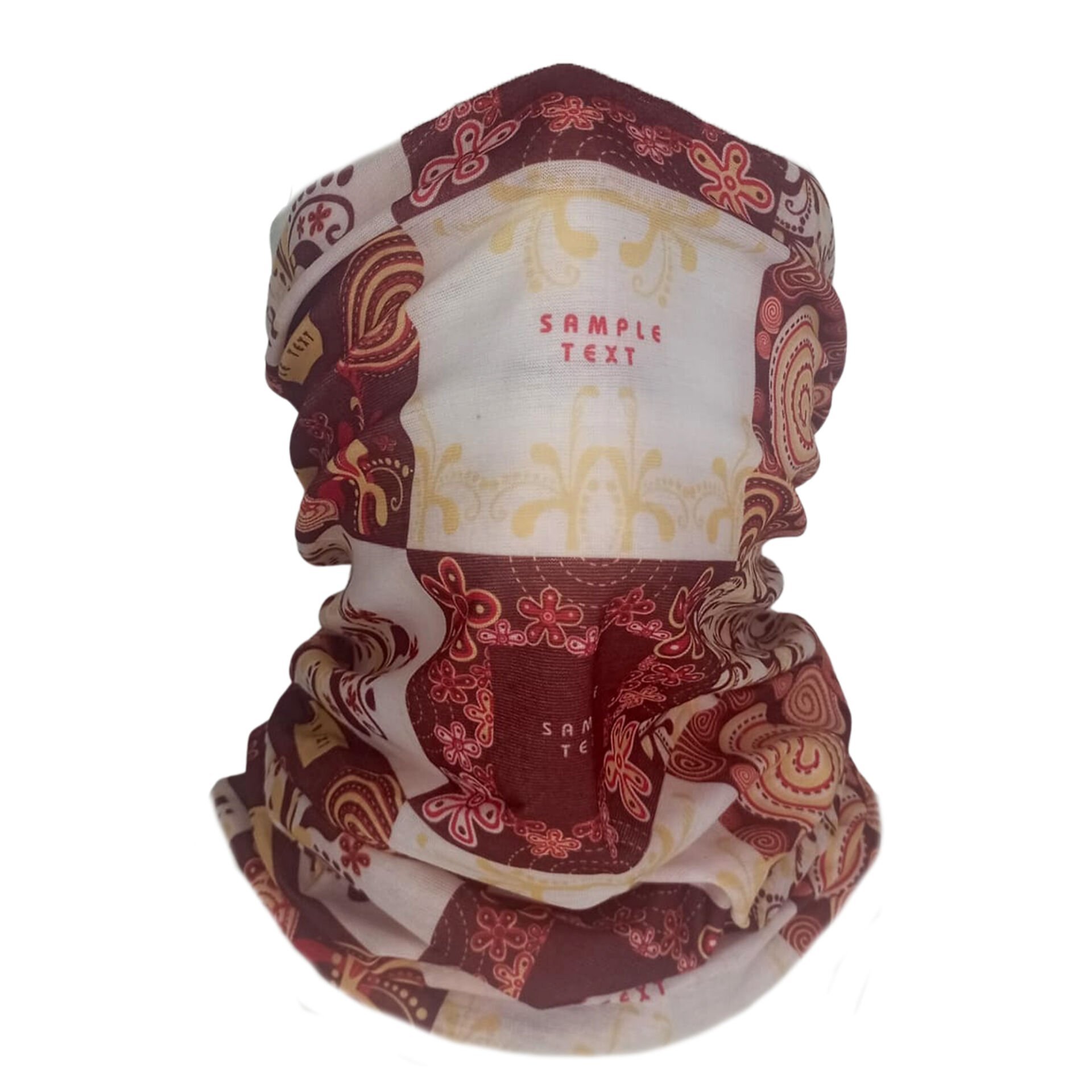 Retro Patchwork Desenli Buff – Bordo Krem Çiçek ve Spiral Tasarım – Boyunluk