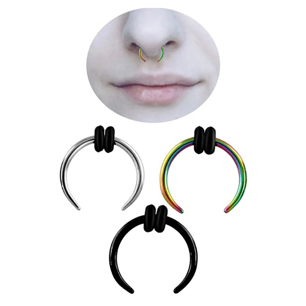 Üst bölümünde siyah çift halka detayı bulunan gümüş, siyah ve gökkuşağı renk seçenekli açık uçlu halka septum piercingler.