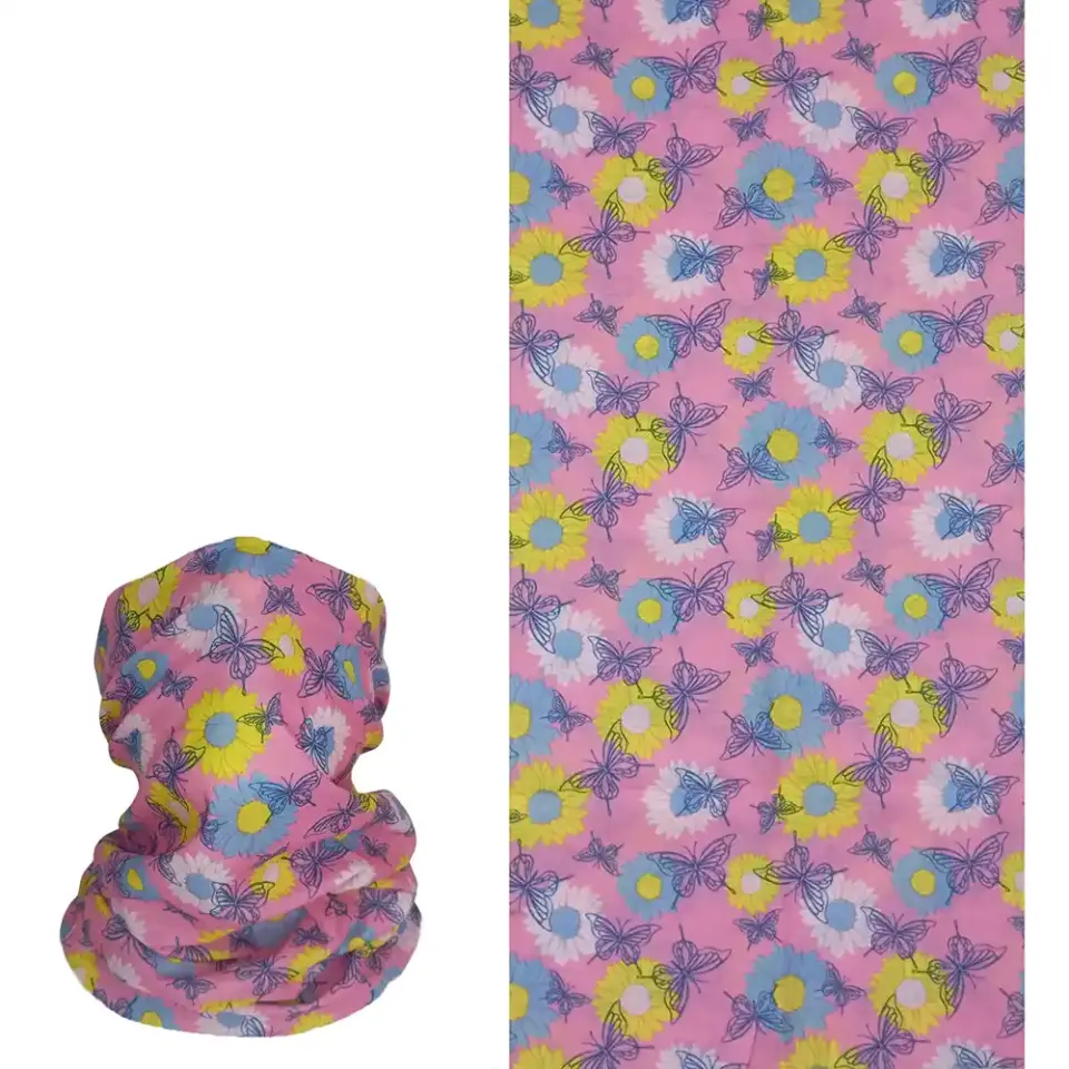 Pembe Çiçek ve Kelebek Desenli saça bağlanan buff Boru Bandana Saç Bandı
